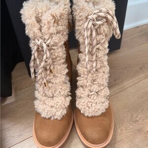 Jennifer Lopez Tan Shearling Lace-Up Boots